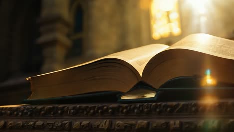 golden sunlight streams through a stained glass window, casting a warm glow on an open book in a serene church environment, enhancing the peaceful ambiance