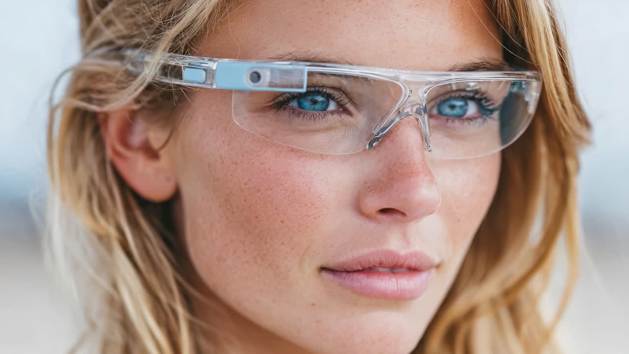 Un ritratto in primo piano di una giovane donna con occhi azzurri penetranti, che indossa occhiali trasparenti alla moda, emanando sicurezza e fascino in un ambiente esterno naturale.
