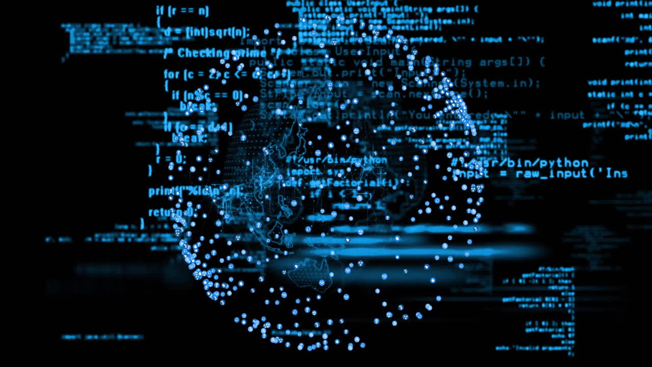 Animation of globe with data processing on black background
