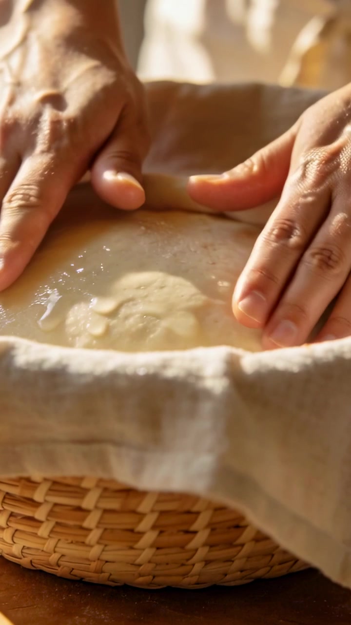 Vertical video: Folding linen, baker hands pressing dough in banneton at home counter for transfer