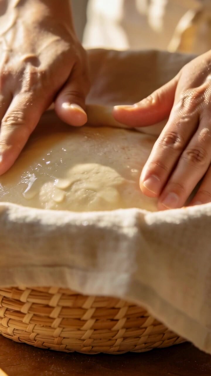 Vertical video: Folding linen, baker hands pressing dough in banneton at home counter for transfer