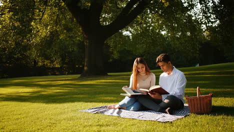 young couple reading books together in a sunny park