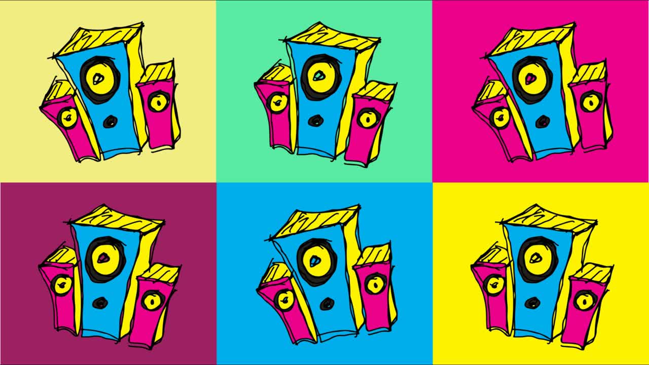 niños dibujando arte pop fondo sin costuras con el tema del sistema de sonido