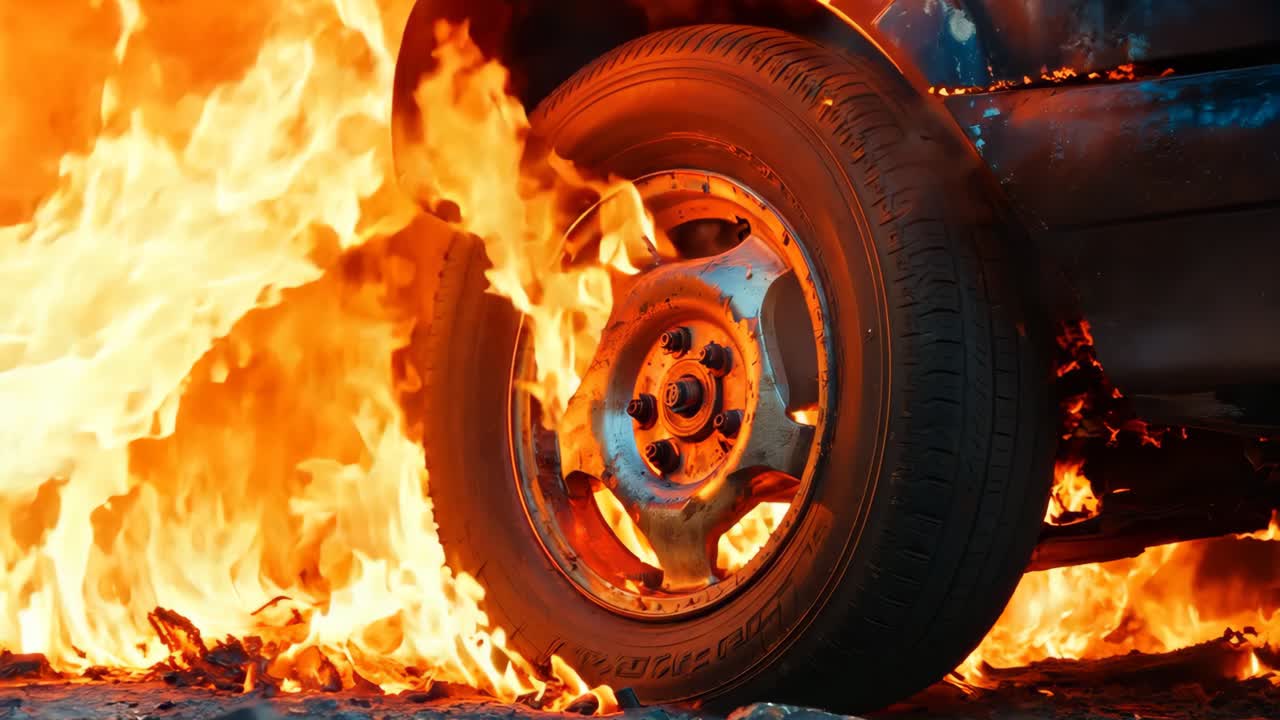 un coche en llamas con un neumático en el suelo