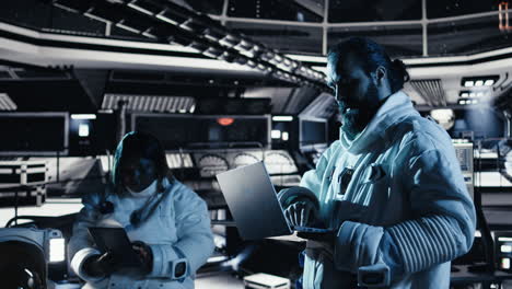 Astronauts flying together in starship exploring Mars, exploring planetary surface