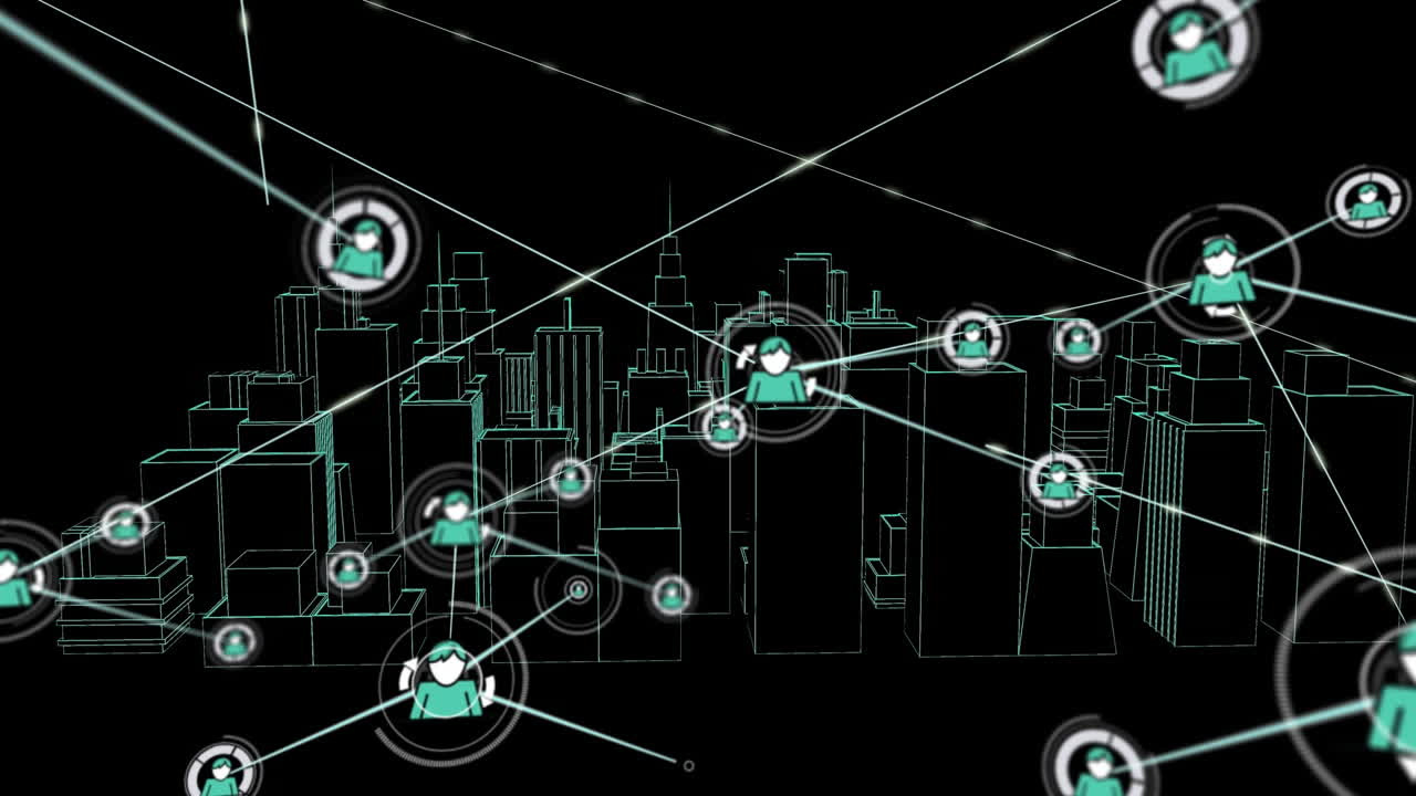 Animation of network of connections with icons over 3d architectural drawing of city in background