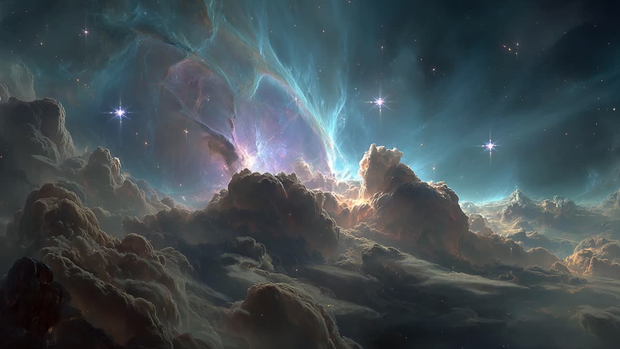 A Breathtaking Cosmic Vista: A Glimpse into the Vastness of Space Illuminated by Twinkling Stars and Ethereal Cloud Formations in the Universe
