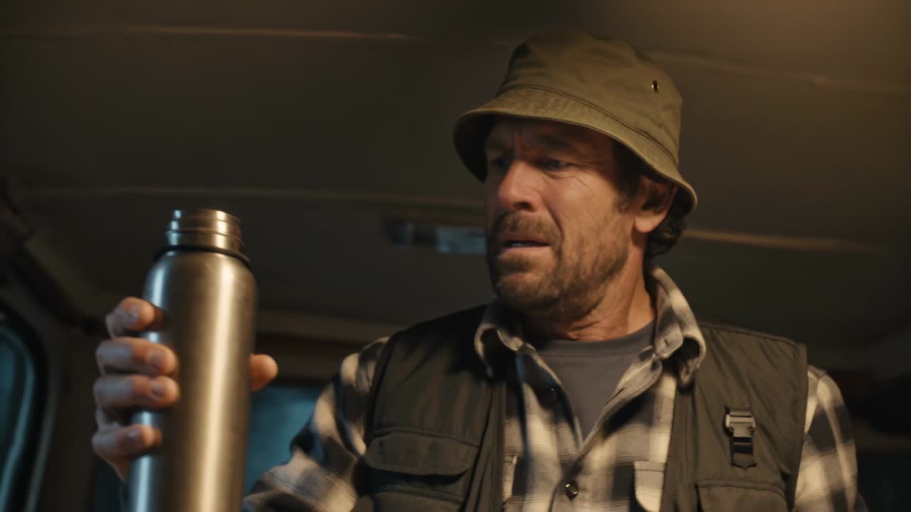 Shaking man wearing bucket hat and utility vest testing thermos in vehicle cabin, checking seal