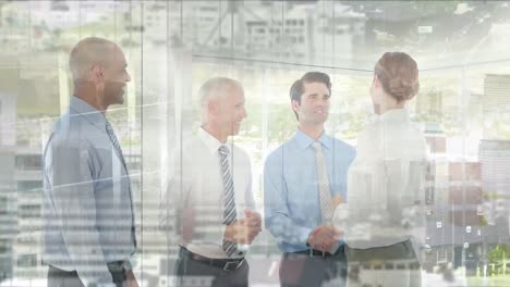 animation of caucasian businesswoman shaking hands with male coworkers and aerial view of cityscape