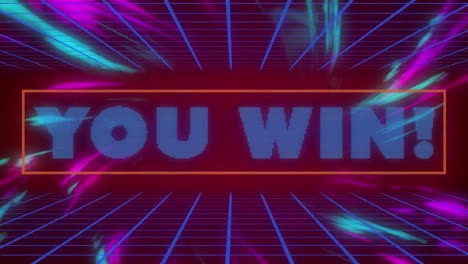 animation of text you win, over blue grid and glowing blue and purple lights, on black