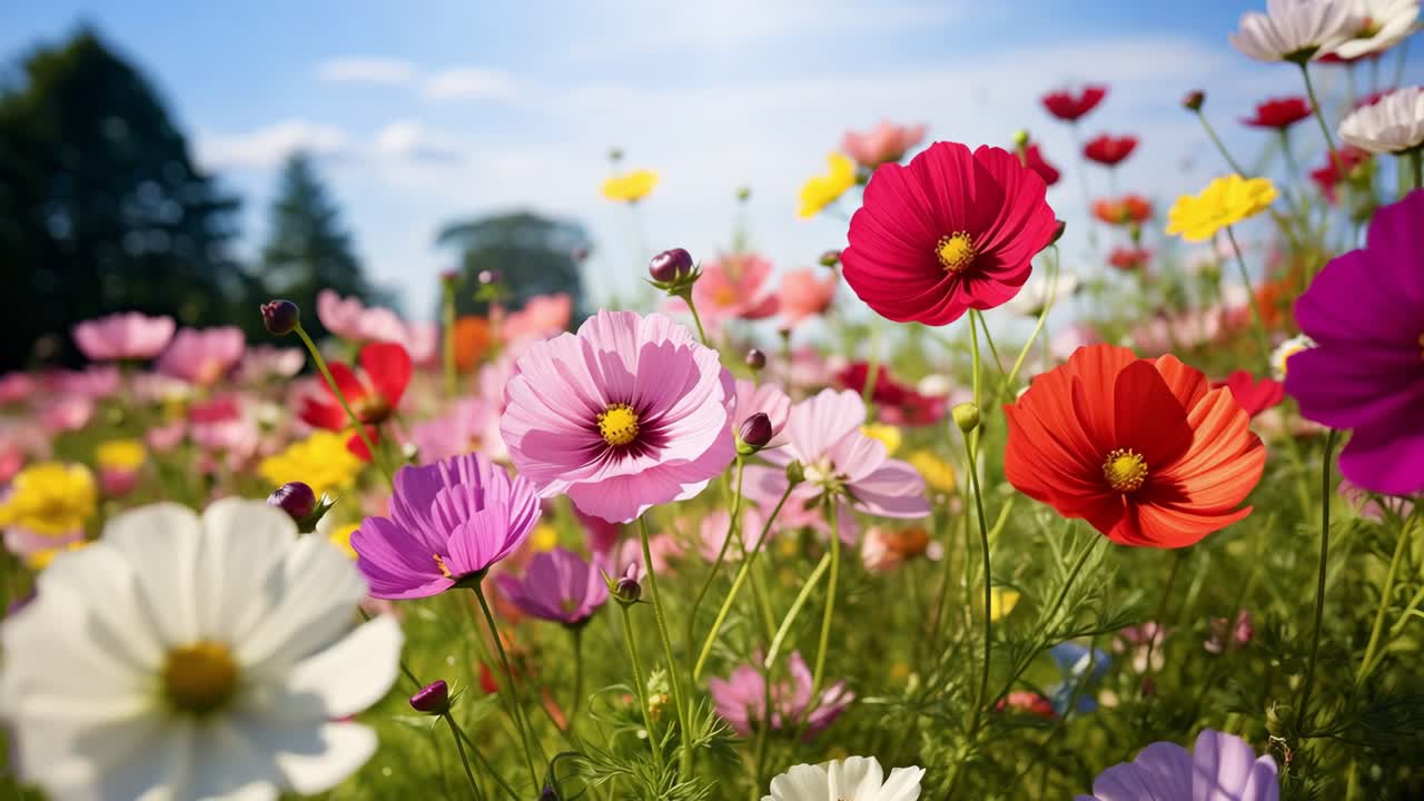 Gentle wind caressing colorful cosmos flowers, creating a mesmerizing dance of petals under a clear blue sky, showcasing nature's vibrant beauty