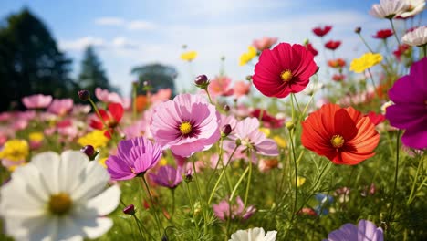 gentle wind caressing colorful cosmos flowers, creating a mesmerizing dance of petals under a clear blue sky, showcasing nature's vibrant beauty