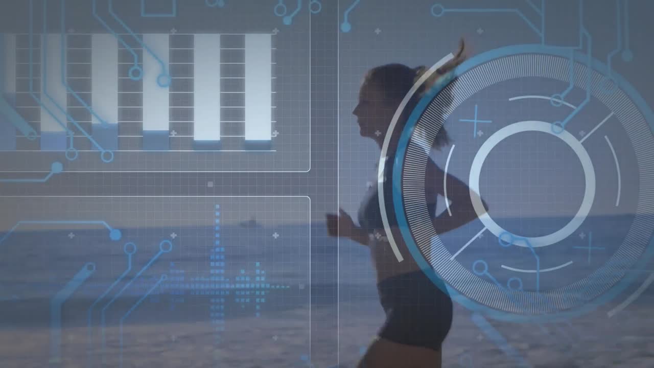 animación de patrón de placa de circuito, gráfico y círculos sobre mujeres caucásicas corriendo en la playa