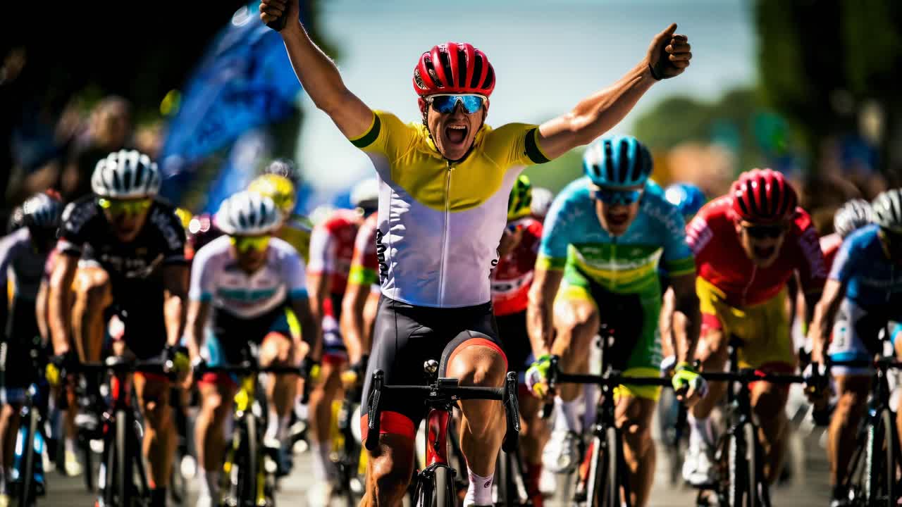 Cyclist celebrates victory in a race, captured from a low-angle