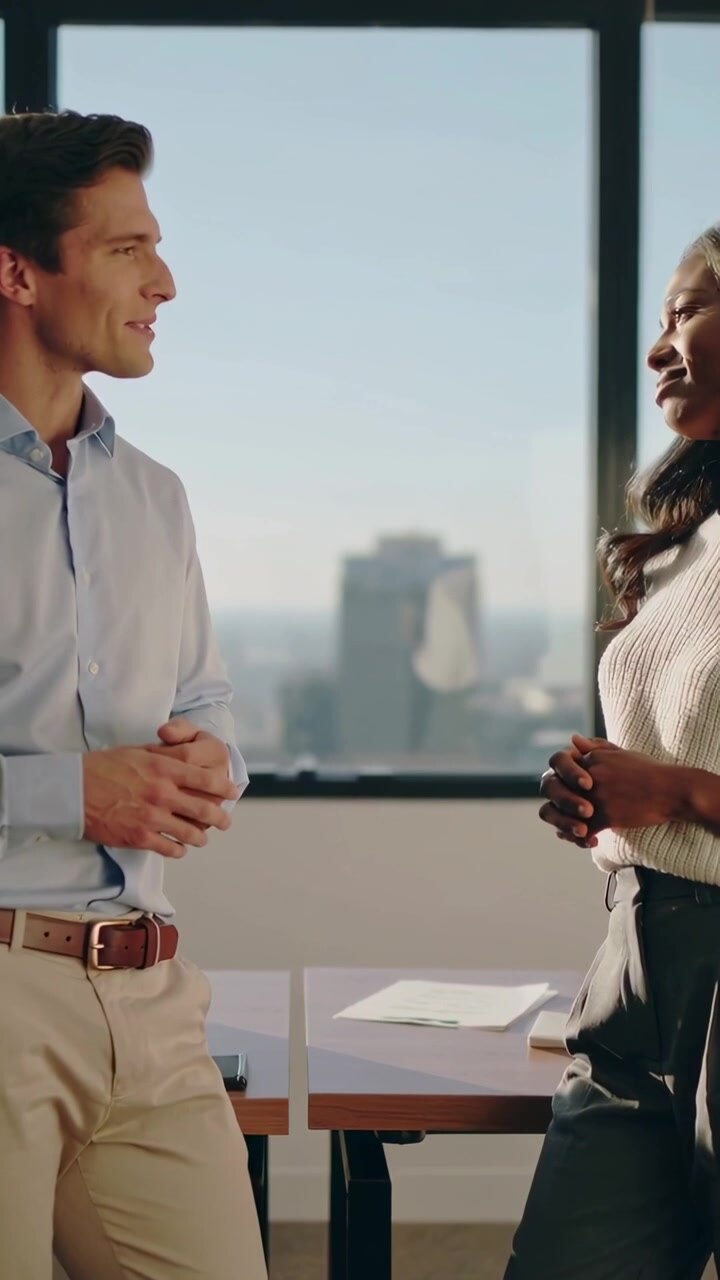 Video verticale: Donna in maglione color crema che inizia a spiegare un documento a un uomo in camicia blu, l'uomo annuisce.