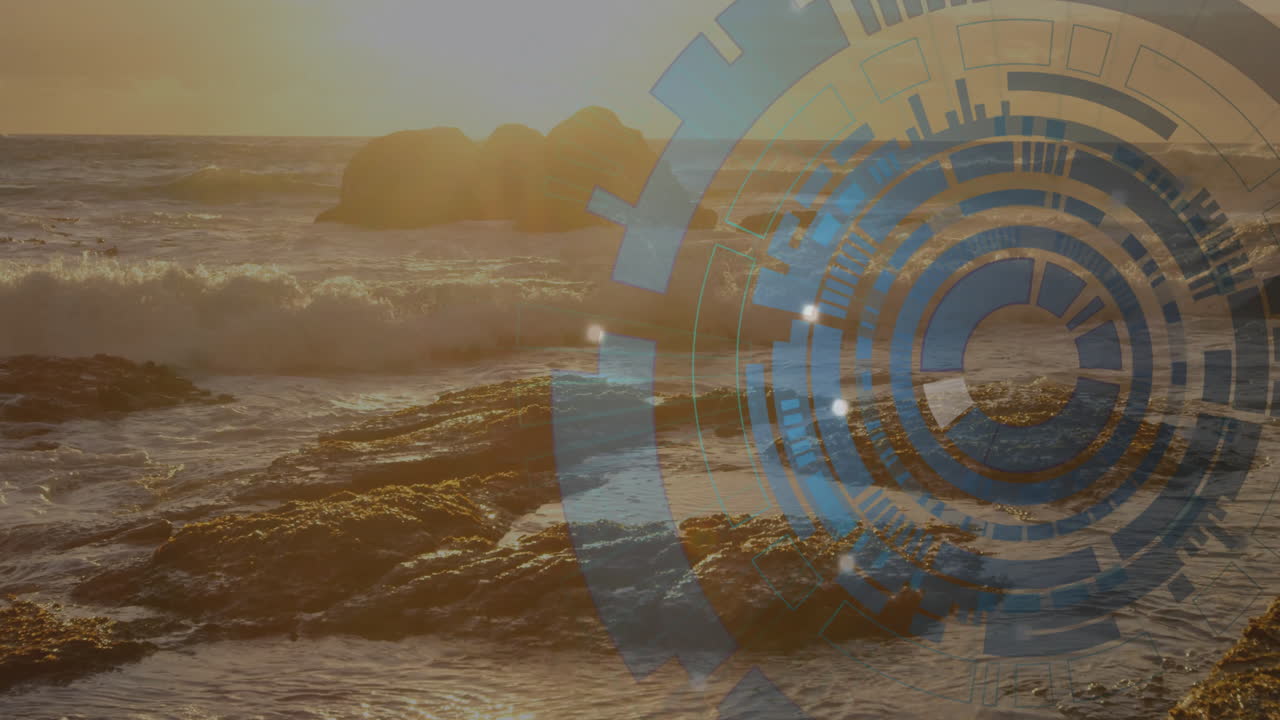 Ocean waves crashing on rocks with digital technology animation overlay