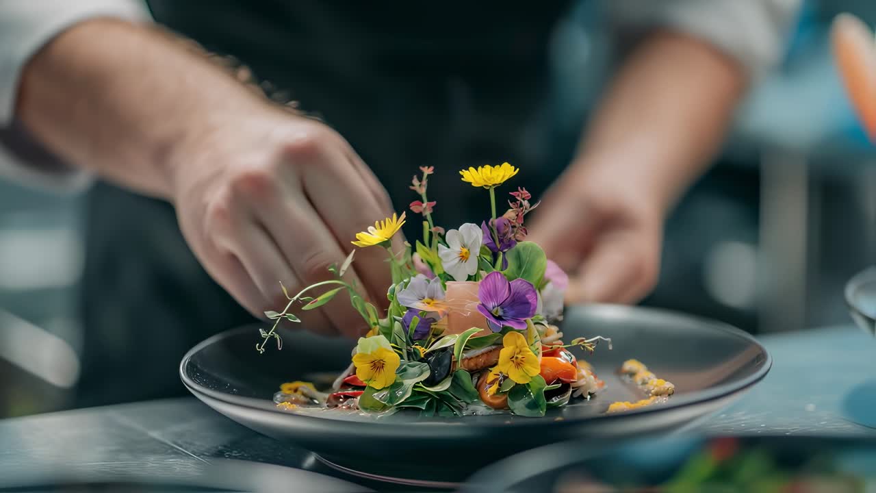 Professional chef garnishing gourmet salad with delicate, vibrant edible flowers, enhancing culinary presentation with precision and artistic flair