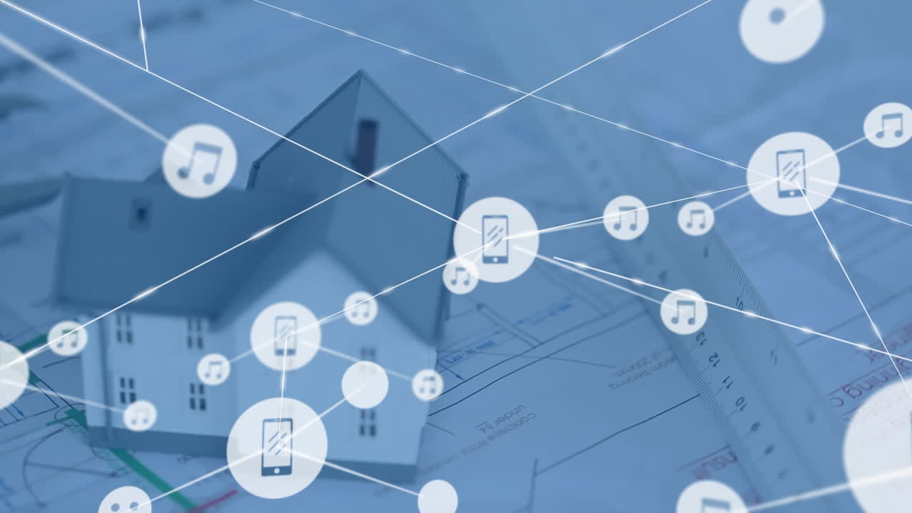 집 모델과 건축가 그림의 줄 위에 아이콘과 연결 네트워크의 애니메이션