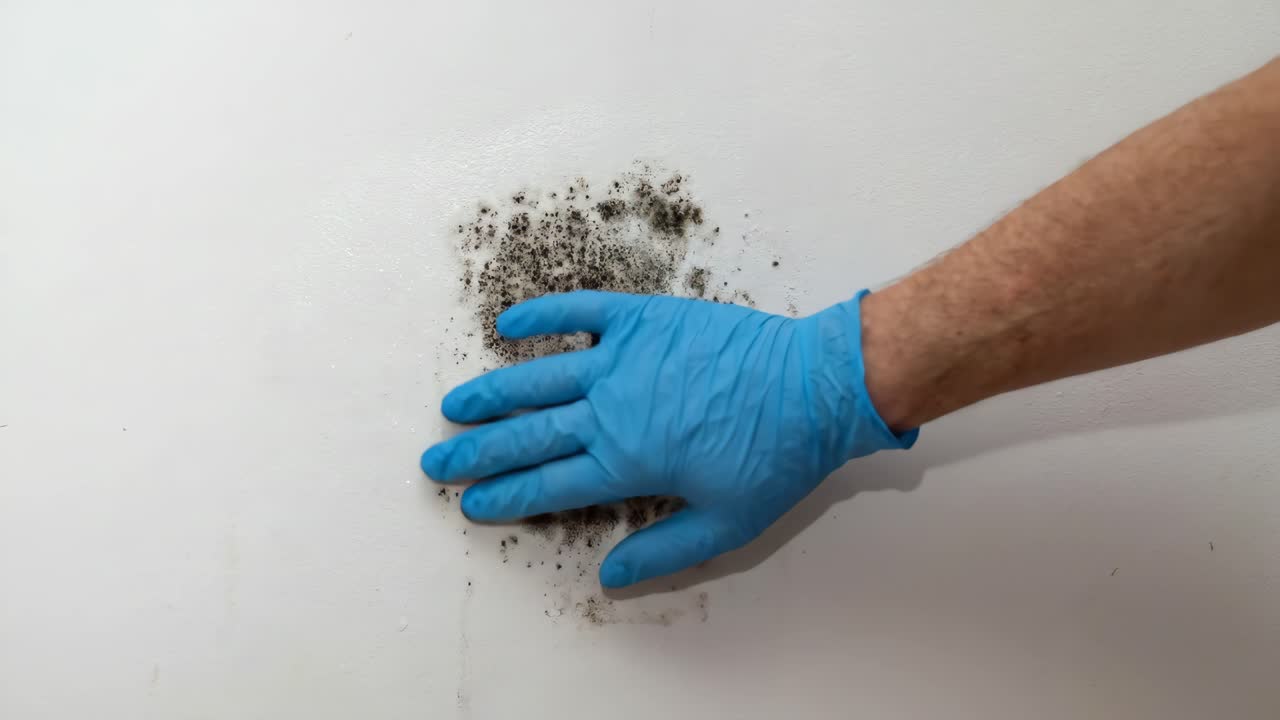 Hand in Blue Glove Touching Black Mold on White Wall