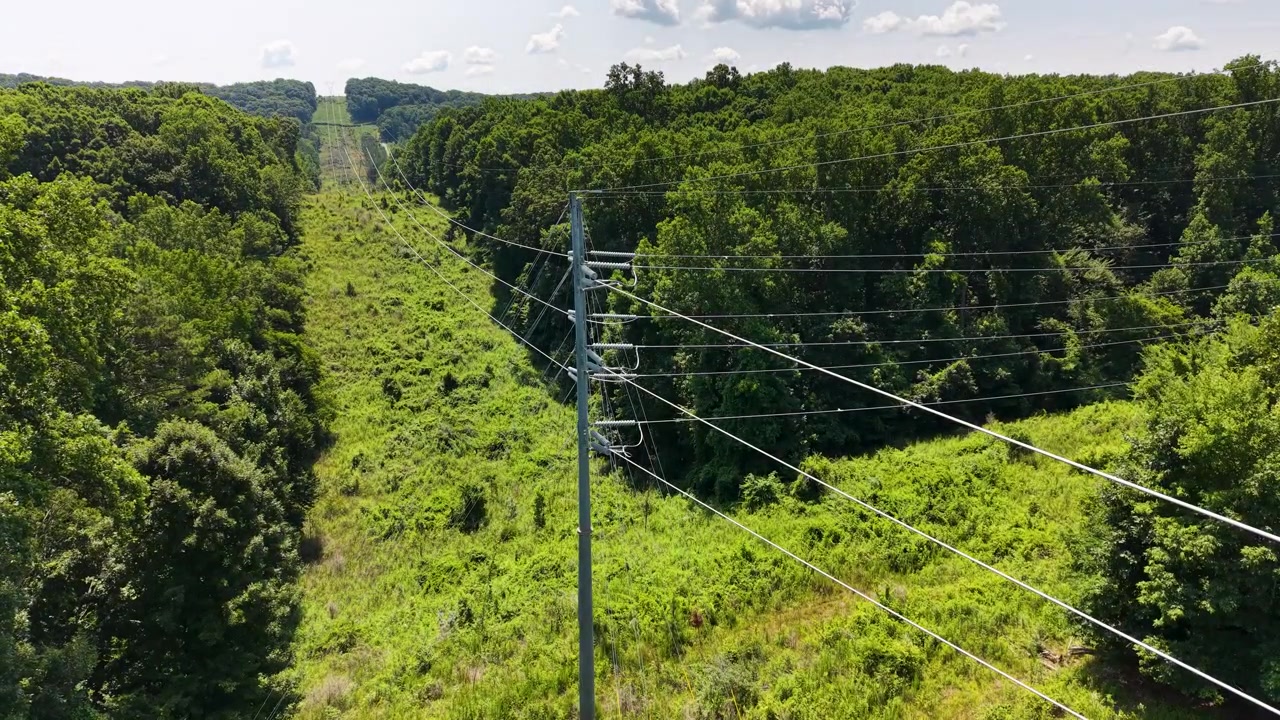 High-voltage transmission corridor near Chattanooga, Tennessee, United States, revealing steel monopoles, overhead conductors, cleared utility easement and deciduous woodland, drone ascent.