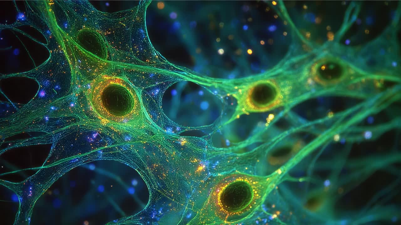 Microscopic Overview of Neural Networks: A Stunning Visualization of Neurons and Synaptic Connections in Vibrant Colors