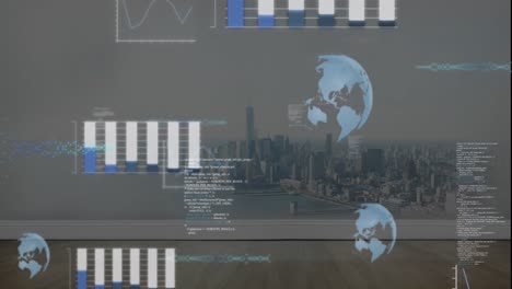 Animation-of-graphs,-globes-and-computer-language-over-aerial-view-of-sea-and-modern-city