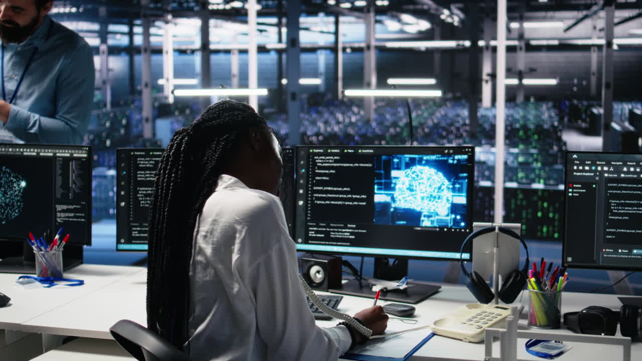 Female Technician In Data Center Answers Telephone Call, Assisting Users With Ai