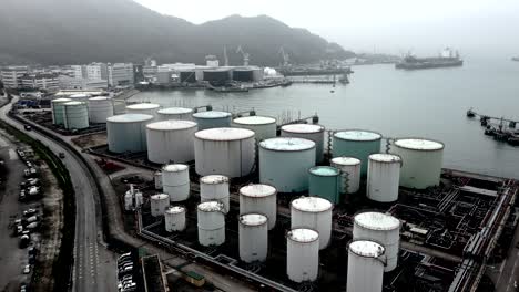 oil storage tank in the port in tsing yi, hong kong