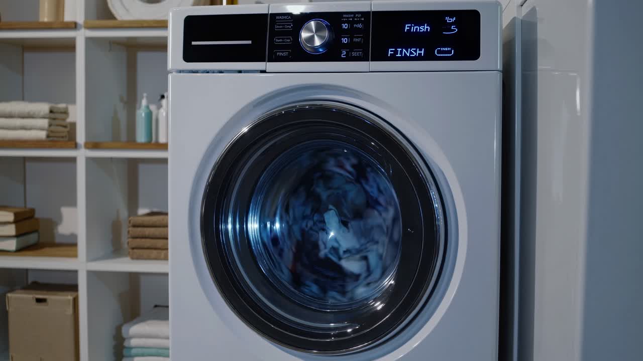 Čelní videozáběr moderní pračky v chodu, prezentující elegantní design.