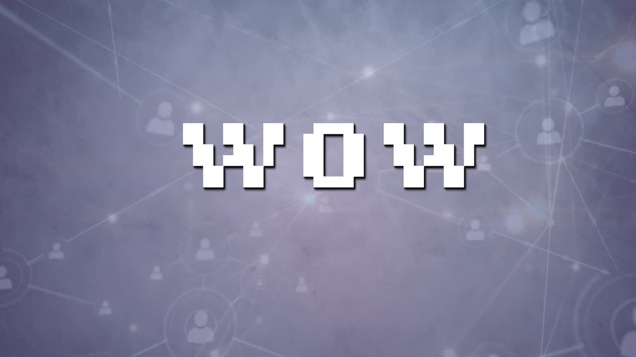 banner de texto wow y conexiones de microprocesador amarillo contra la red de iconos de perfil