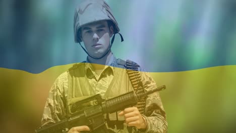 Animation-Der-Flagge-Der-Ukraine-über-Einem-Kaukasischen-Soldaten-Mit-Waffe