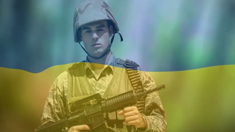 animación de la bandera de ucrania sobre un soldado caucásico con un arma