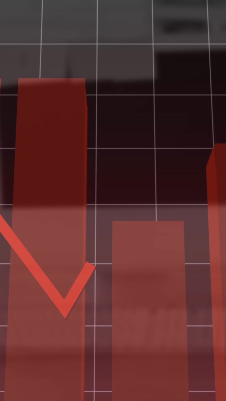 Red graph moving over statistical data processing and grid network against empty office