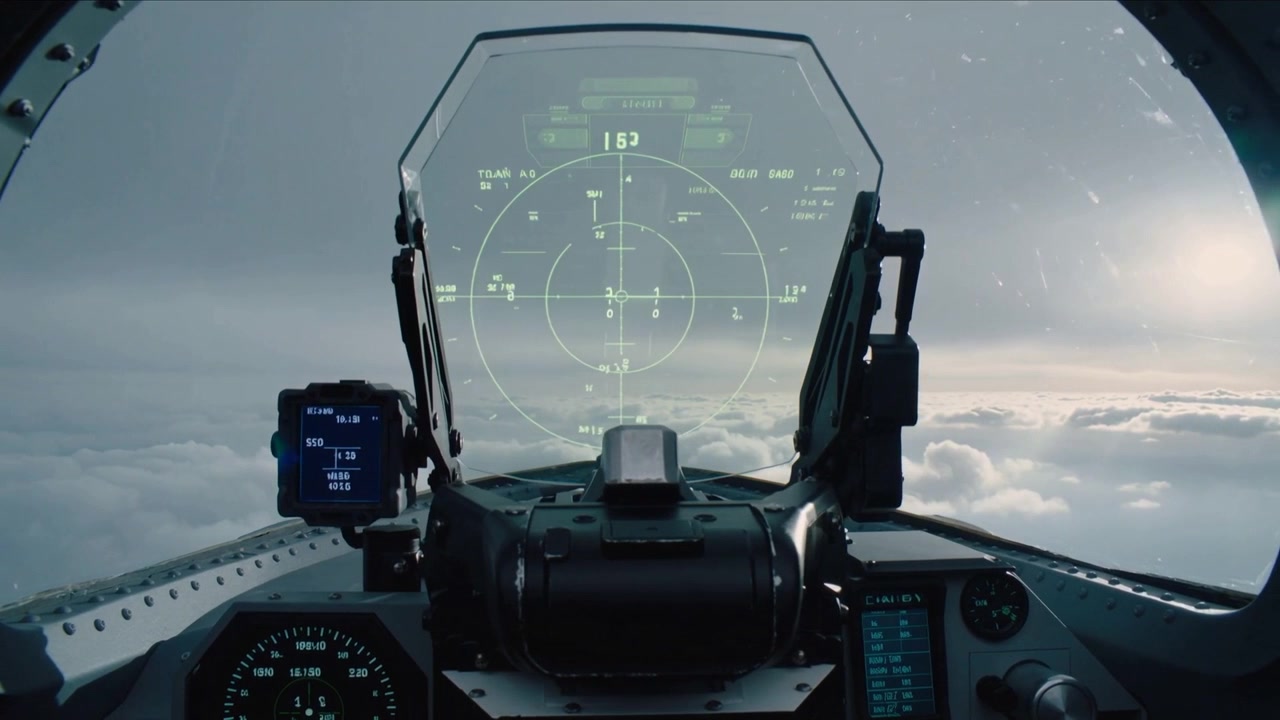 Shifting glare, forward cockpit HUD displaying reticle and telemetry while maintaining heading 153