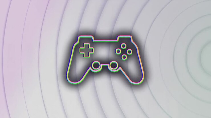 Animation of glitch over video game controller icon against concentric circles on white background