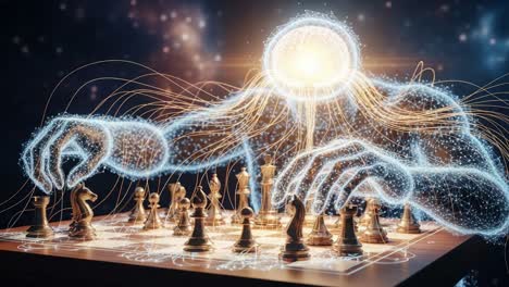 a captivating blend of reality and imagination, a luminous entity engages in a strategic game of chess, embodying intelligence and creativity amid a cosmic backdrop