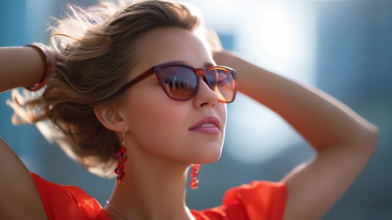 Una giovane donna sicura di sé, con occhiali da sole e capelli fluenti, si gode una giornata ventosa in città, emanando stile ed eleganza contro uno sfondo urbano luminoso.