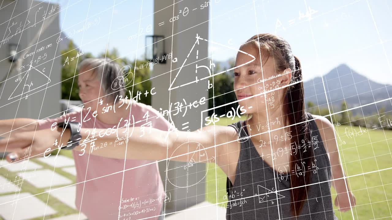 Teenager extending arm, adult mirroring gesture, wrist input generating math grid learning overlay