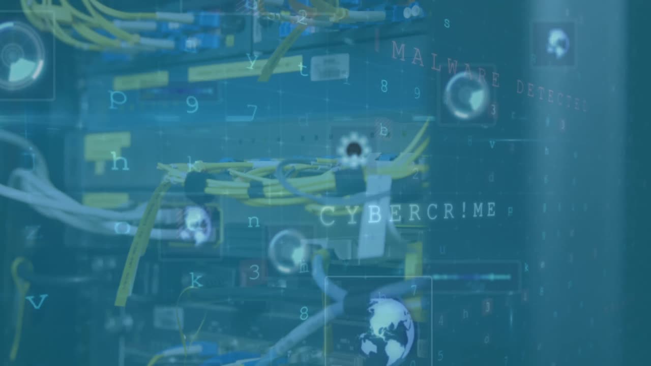 Animation of cyber security data processing against close up of a computer server
