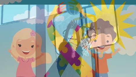 animación de rompecabezas que forman cinta y un niño y una niña felices con un escolar jugando al baloncesto