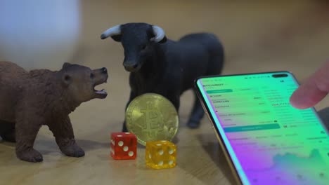 bearmarket vs bullmarket. setup includes figures of bear and bull, symbolizing market trends, and captures a focused crypto trading moment