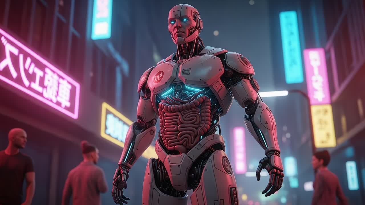Futuristic Robot Standing in a Neon-Lit Urban Environment, Showcasing Intricate Inner Mechanics and Striking Visual Design Against a Dynamic Cityscape Backdrop