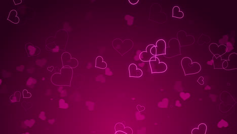 happy valentine's day concept with neon flying hearts on red bokeh background. loop festive animation.