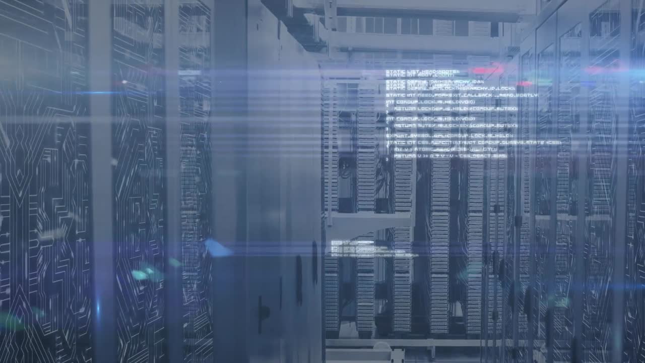 Animation of data processing and lights over servers