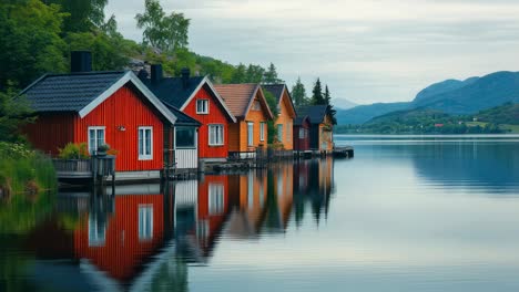 serene lake waters mirroring colorful wooden cottages nestled against distant mountain peaks, capturing pristine nordic landscape with soft evening light and tranquil atmosphere