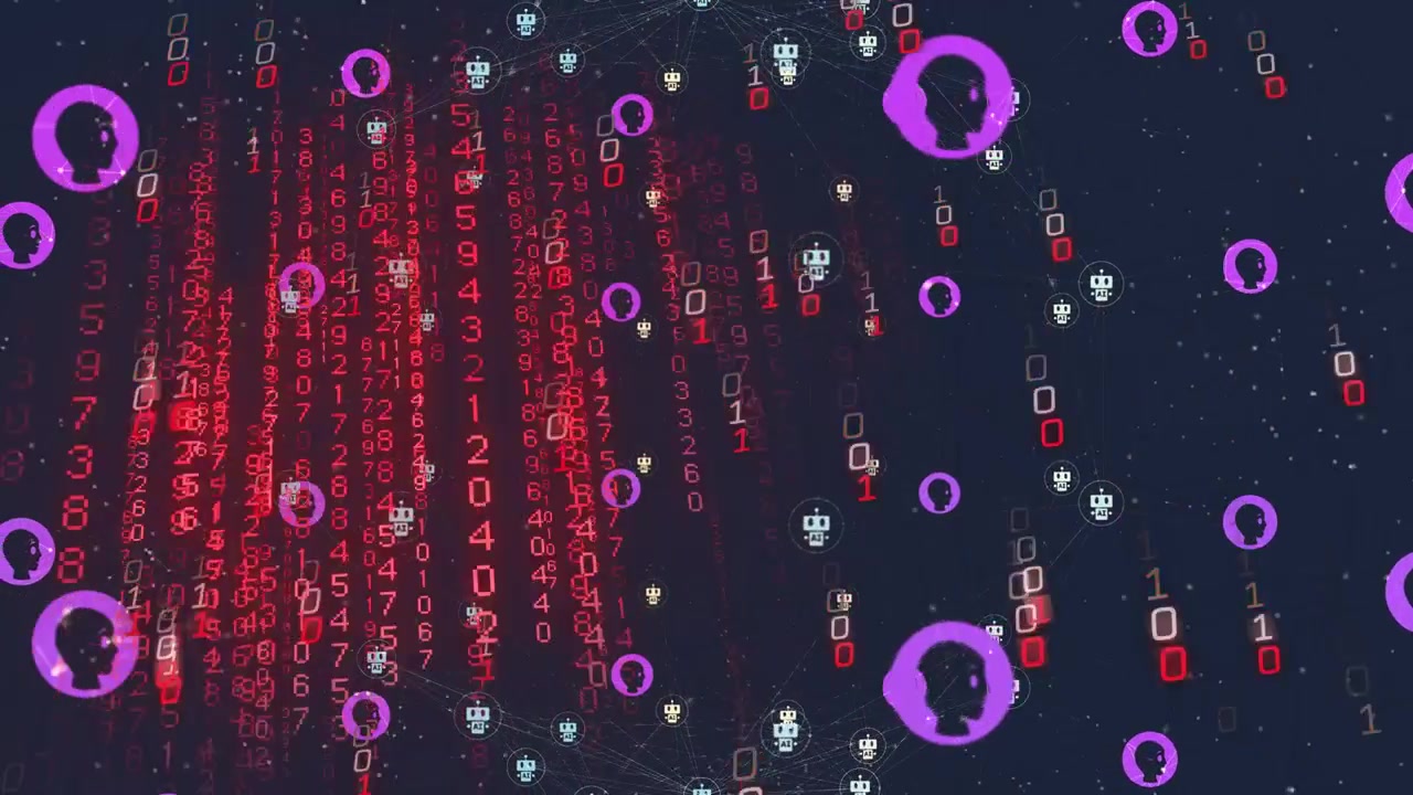 Falling red binary cascade on left causing purple avatars and robots drifting, showing data surge