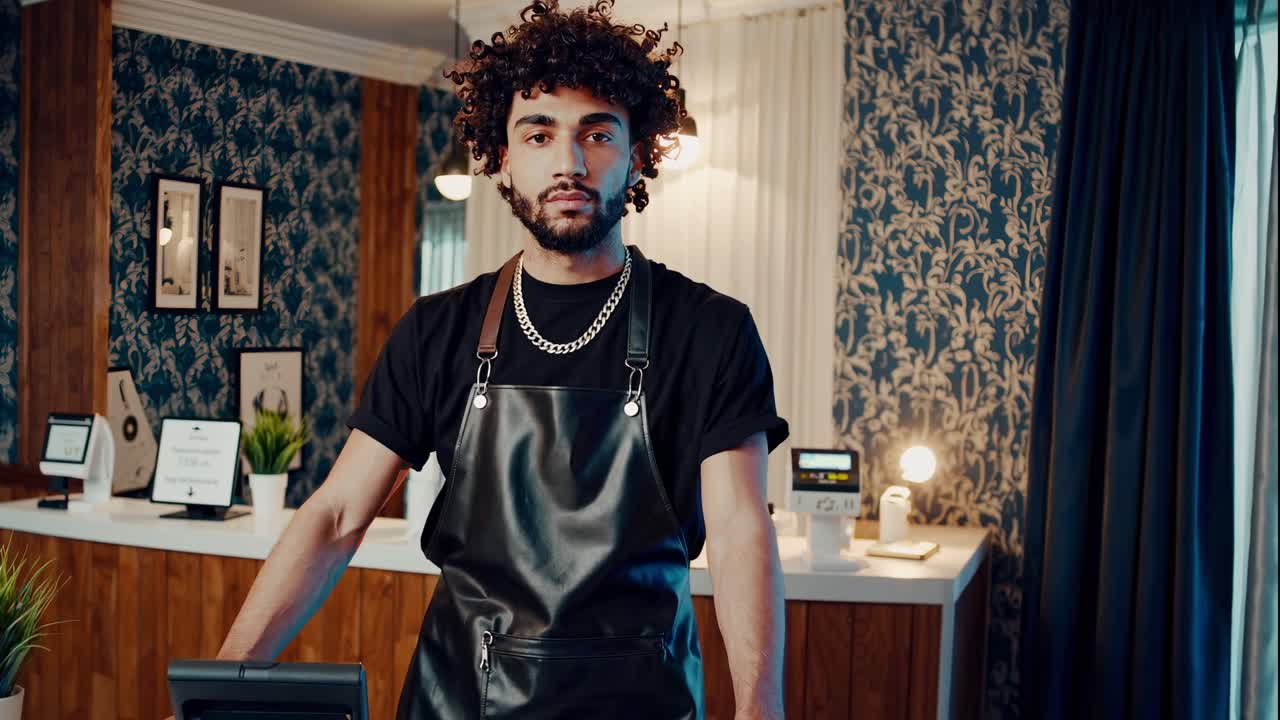 barbero profesional con un delantal negro y una cadena de oro de pie detrás del mostrador en un salón de estilo vintage, esperando clientes potenciales con un comportamiento confiado