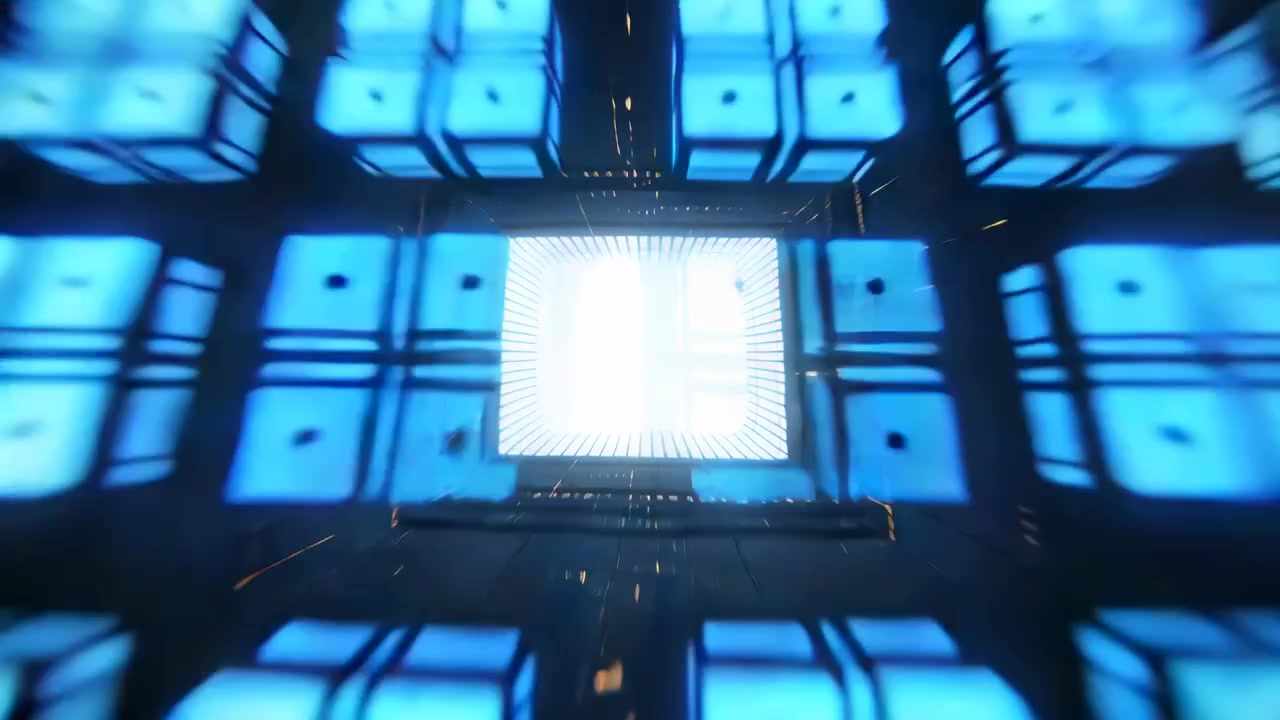 Avvicinamento a un array di moduli blu, telecamera che si muove attraverso un pozzo verticale, rivelando un portale luminoso