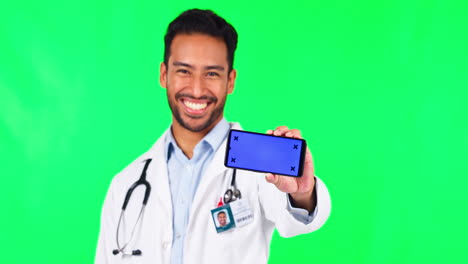 Asian-man,-doctor-and-phone-mockup-on-green-screen