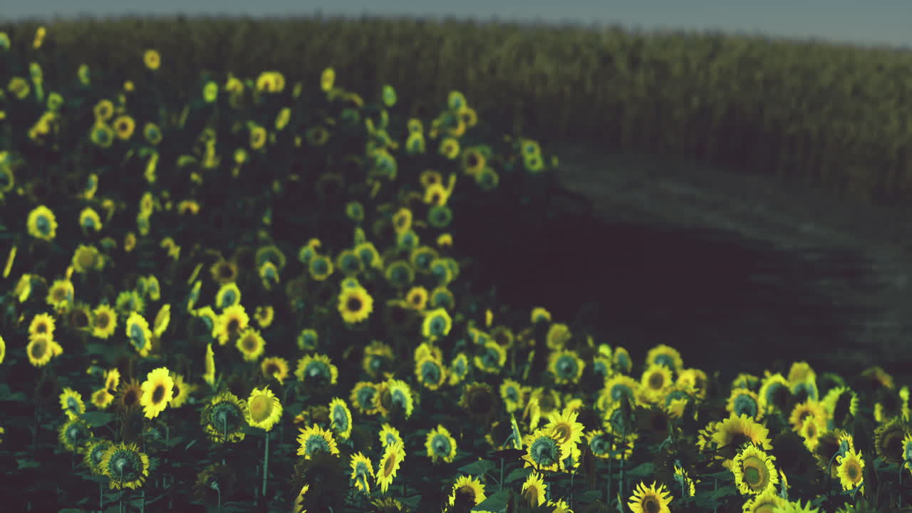 꽃이 피는 해바라기 들판 의 배경 은 해가 지는 곳 이다